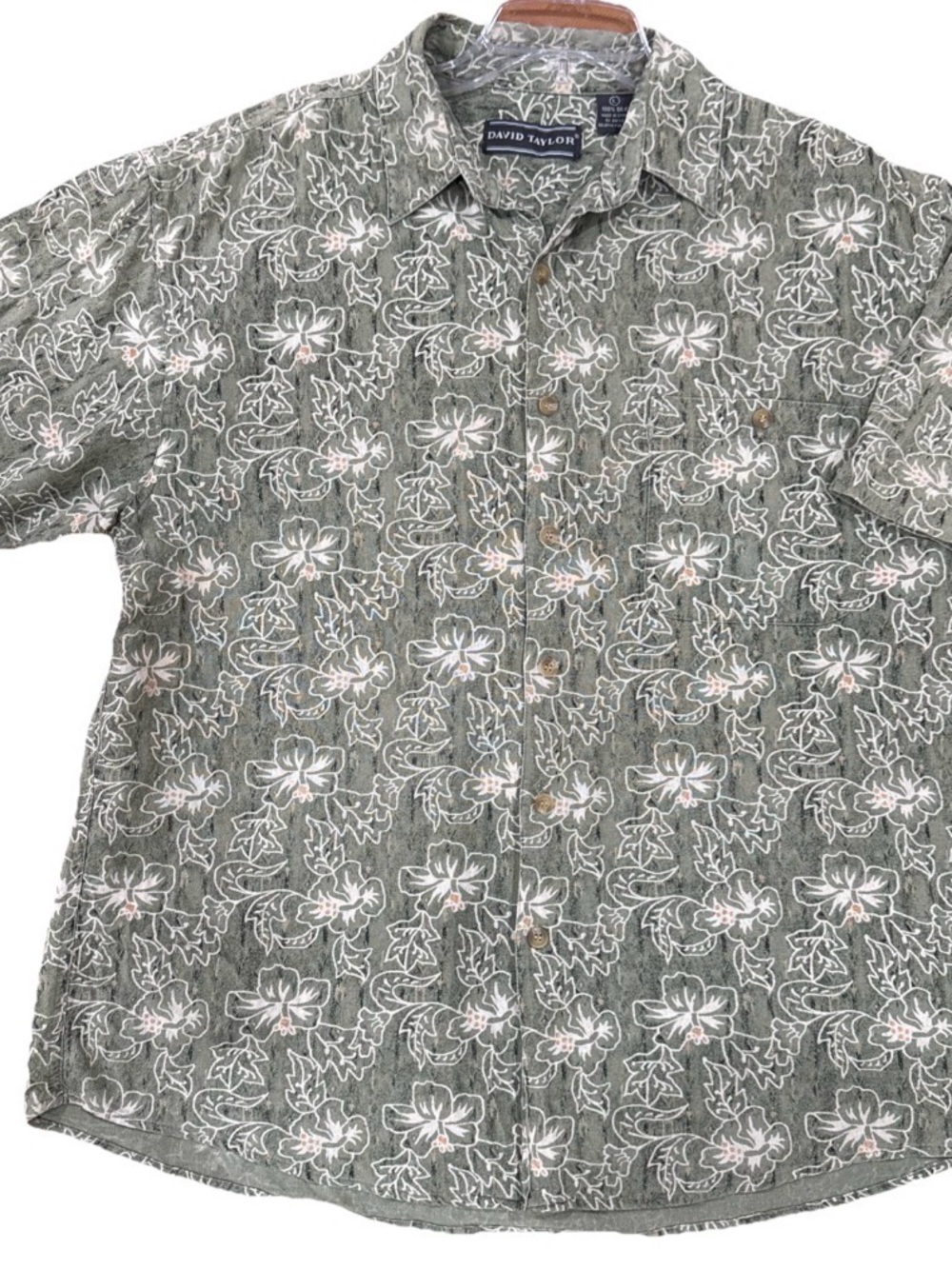 David Taylor Silk Hawaiian Shirt Mens Large Sage Green Floral Button Up